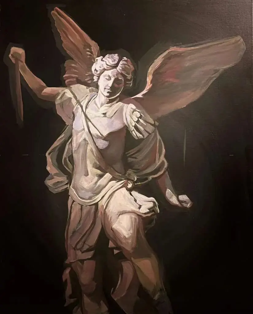 Painted study of a winged figure against a dark ground