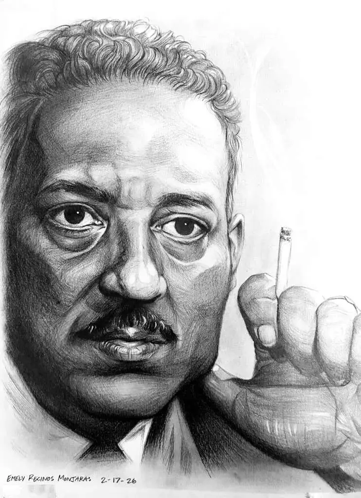 Graphite portrait of a man holding a cigarette