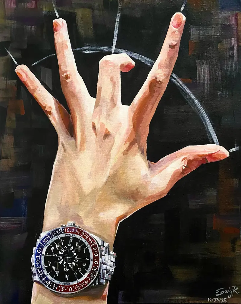 Painted hand study with a detailed mathematical watch