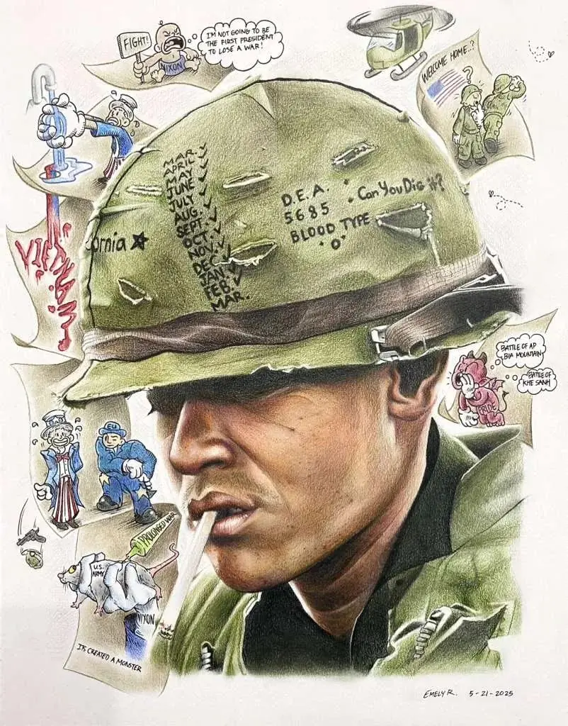 Colored-pencil portrait of a soldier surrounded by narrative sketches