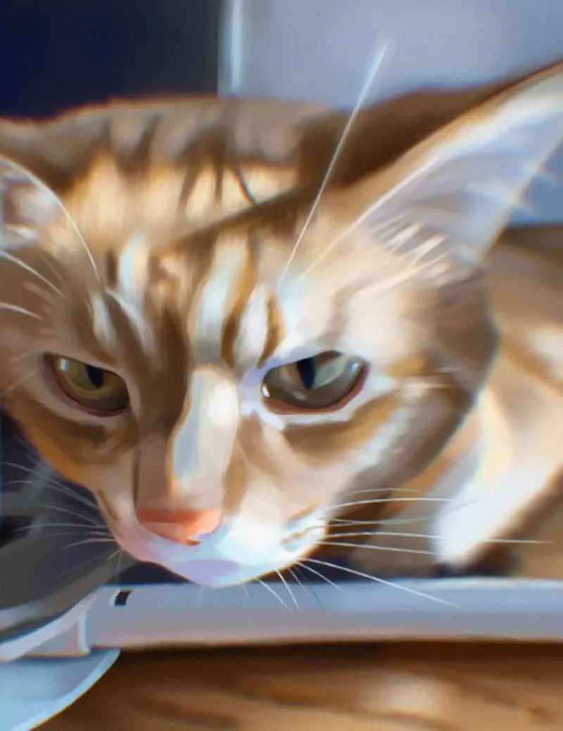 Close digital study of an orange cat in slanting light