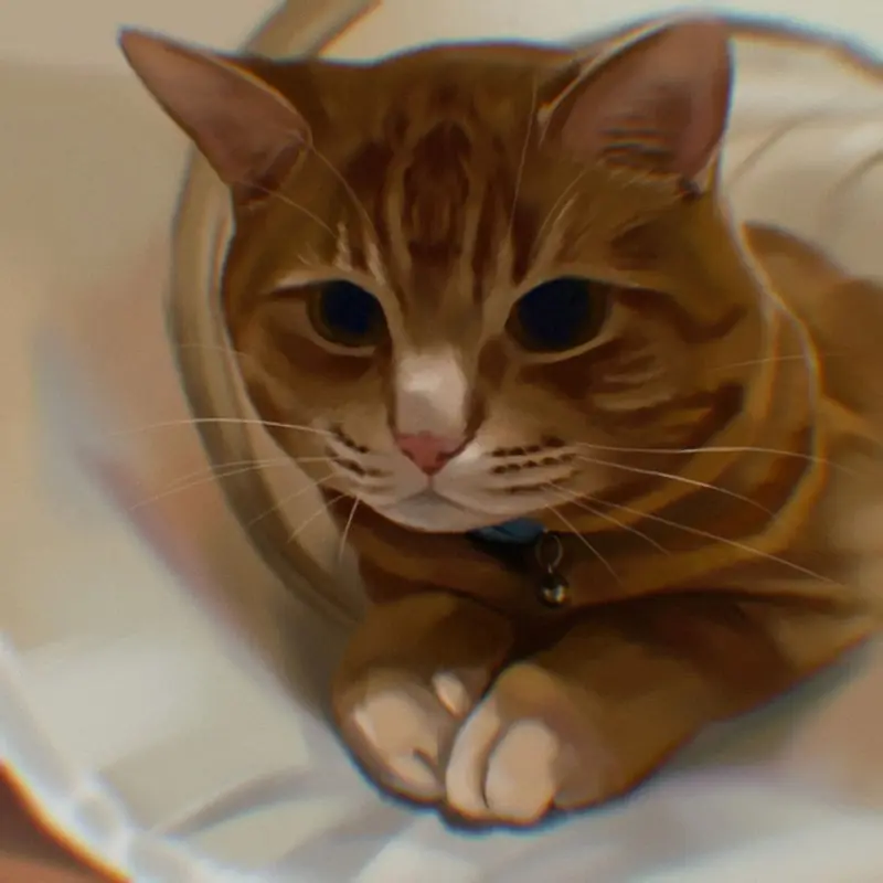 Warm-toned digital portrait of an orange cat resting