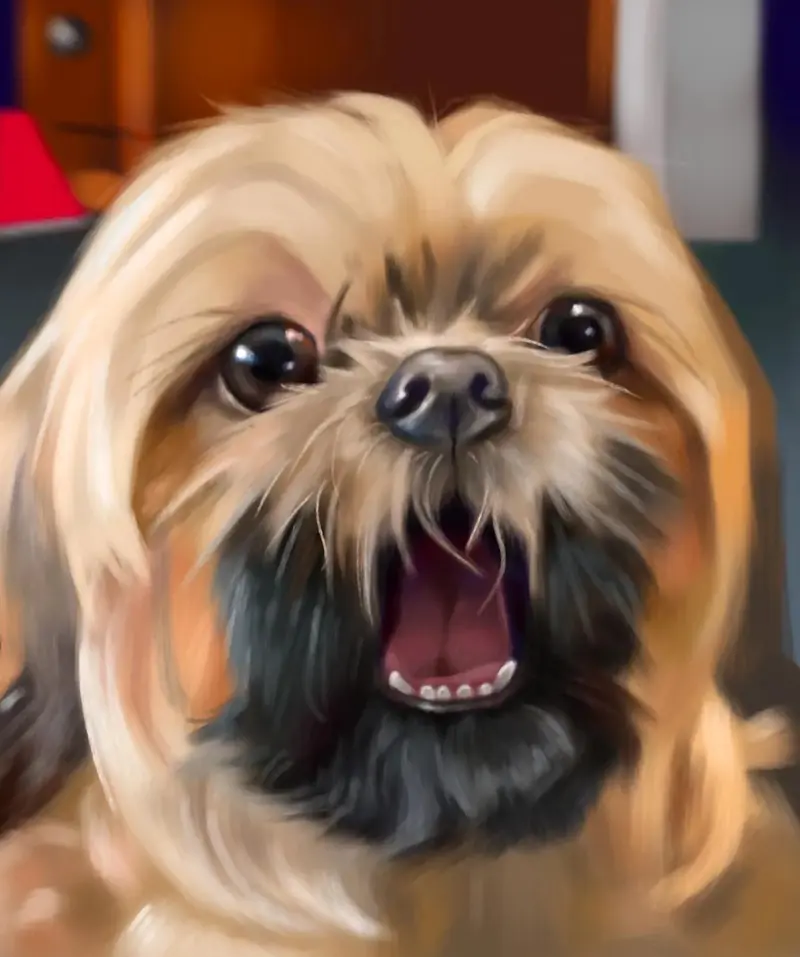 Digital portrait of a small dog with an open mouth