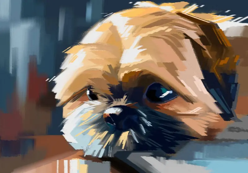 Expressive digital painting of a small dog in blue and gold tones