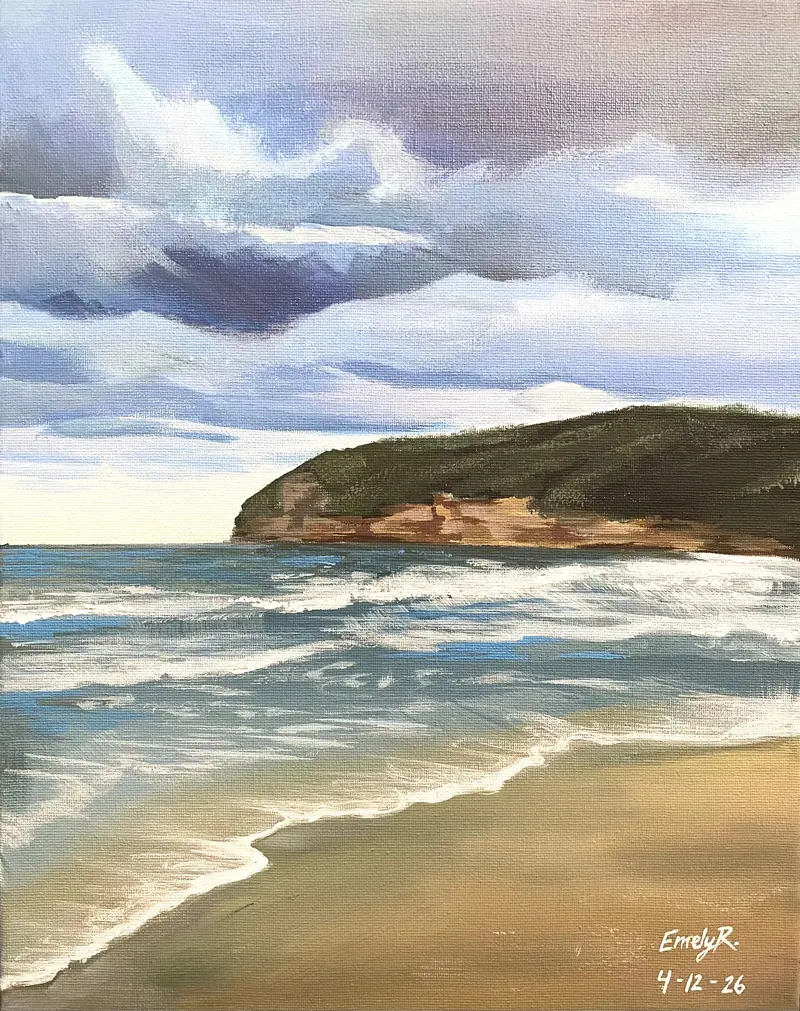 Painted coastal landscape beneath layered blue clouds